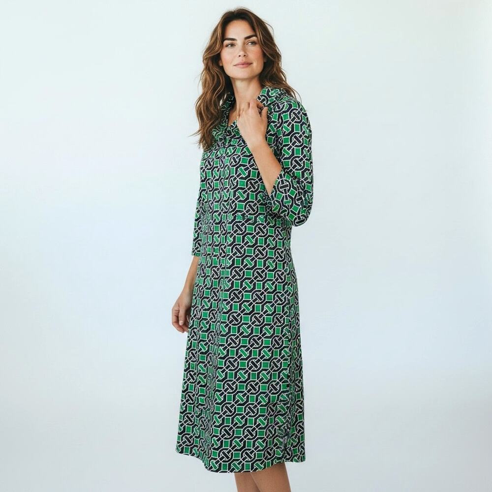 LAUNDRY Shelli Segal Navy & Green Basketweave Chain Print Dress M  Office Church
